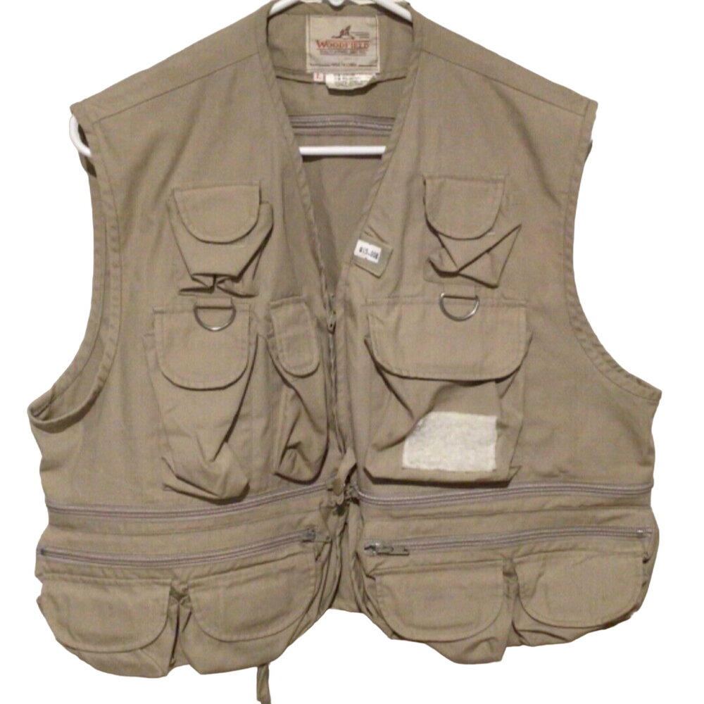 Woodfield Men’s Tan Outdoor Fishing Hunting Utility Vest Size L Multi Pocket